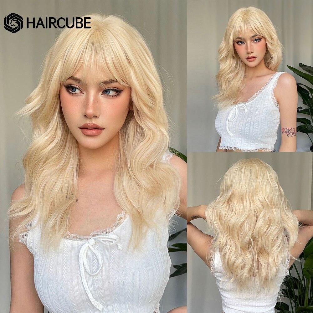 HAIRCUBE Dlouhá vlnitá červenohnědá syntetická paruka s tmavými kořínky Přírodní vlasy s ofinou pro ženy Tepelně odolná denní cosplay paruka