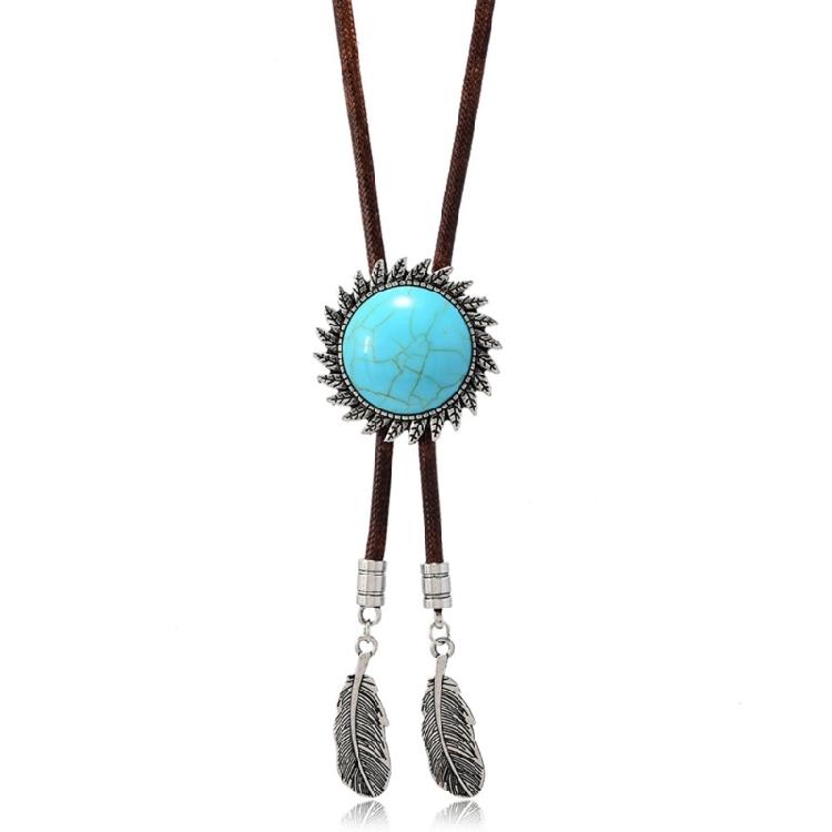 Men Women Western Cowboy Bolo Tie Vintage Floral Stone Pendant Jewelry Leather Rope Necktie Tie Metal Feathered Necklace