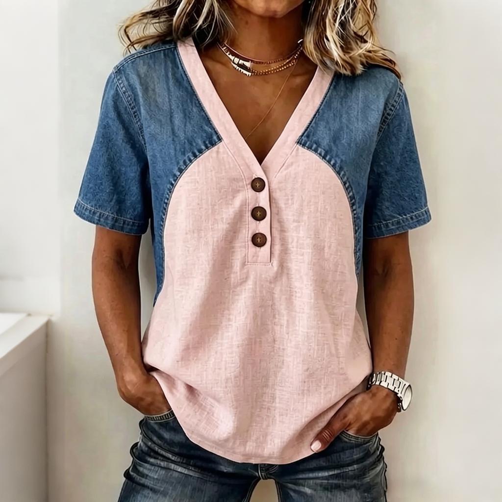 Top da Donna Scollo a V Manica Corta Patchwork di Denim Vestibilità Larga T-shirt Casual Dettaglio Bottoni Camicetta Estiva