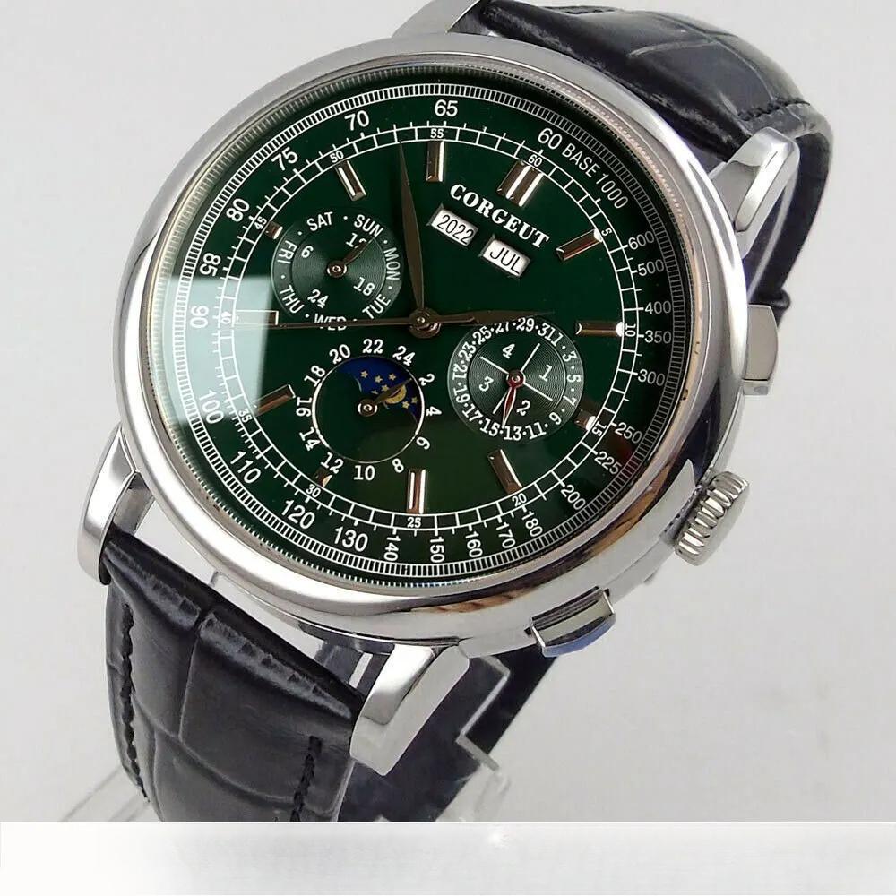 CORGEUT Montre Automatique 42MM ST1655 Bracelet Cuir 316L Boîtier Poli Montre Homme Affichage Jour Nuit