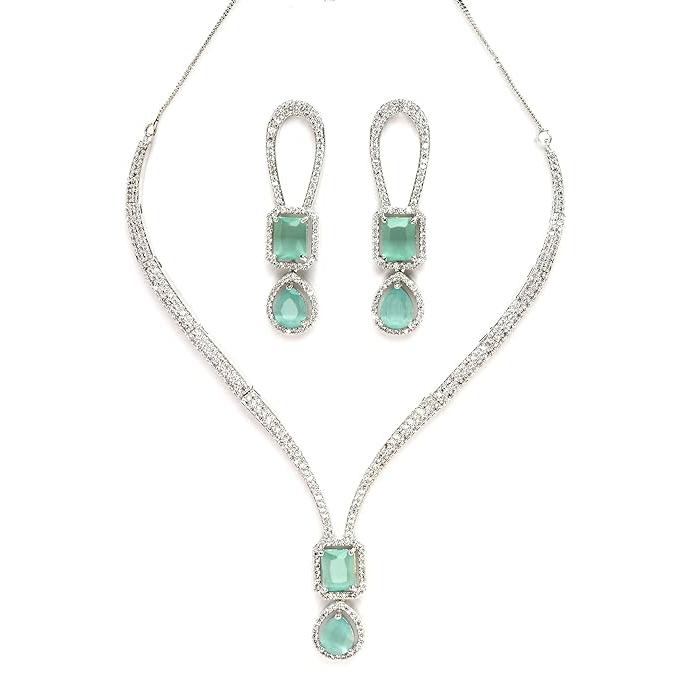 Silver Plated Lime Green CZ Studded Necklace with Earrings