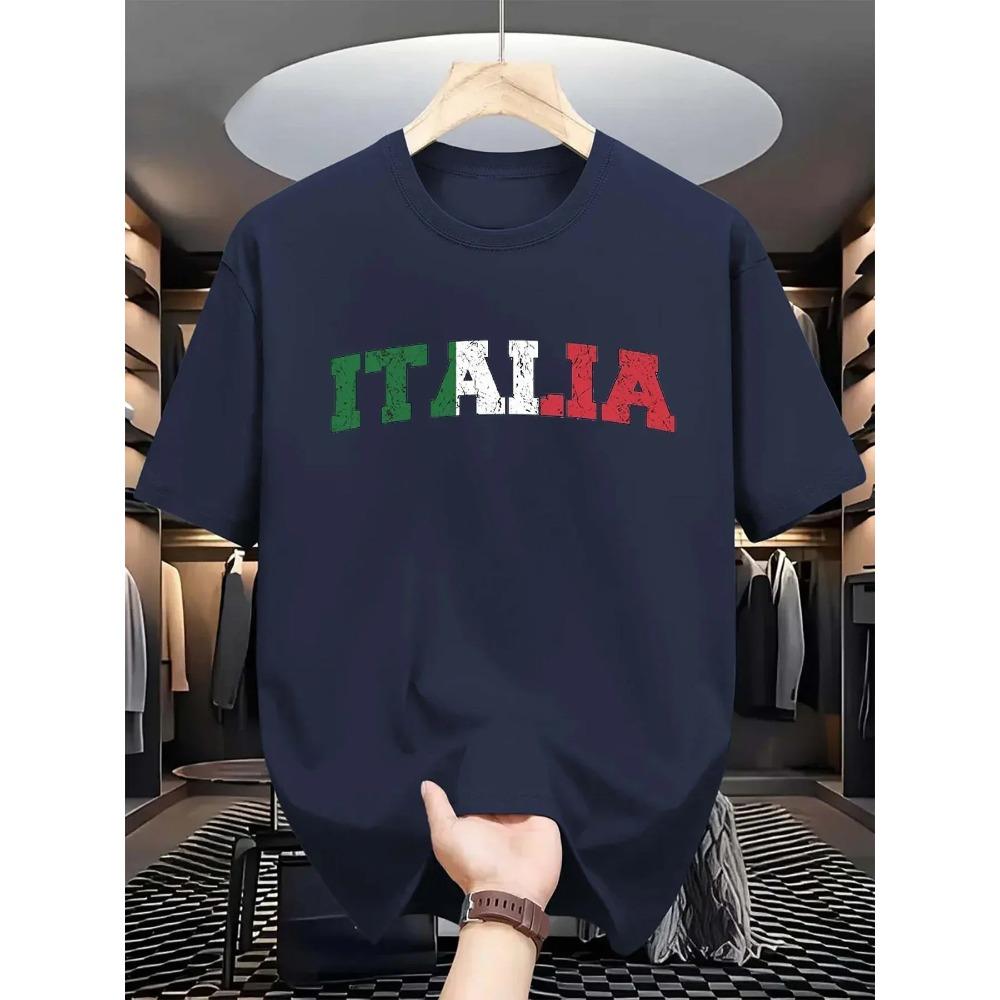 Summer men's 100% pure cotton fashionable casual loose Italian letter printed sporty round-neck short-sleeved T-shirt top