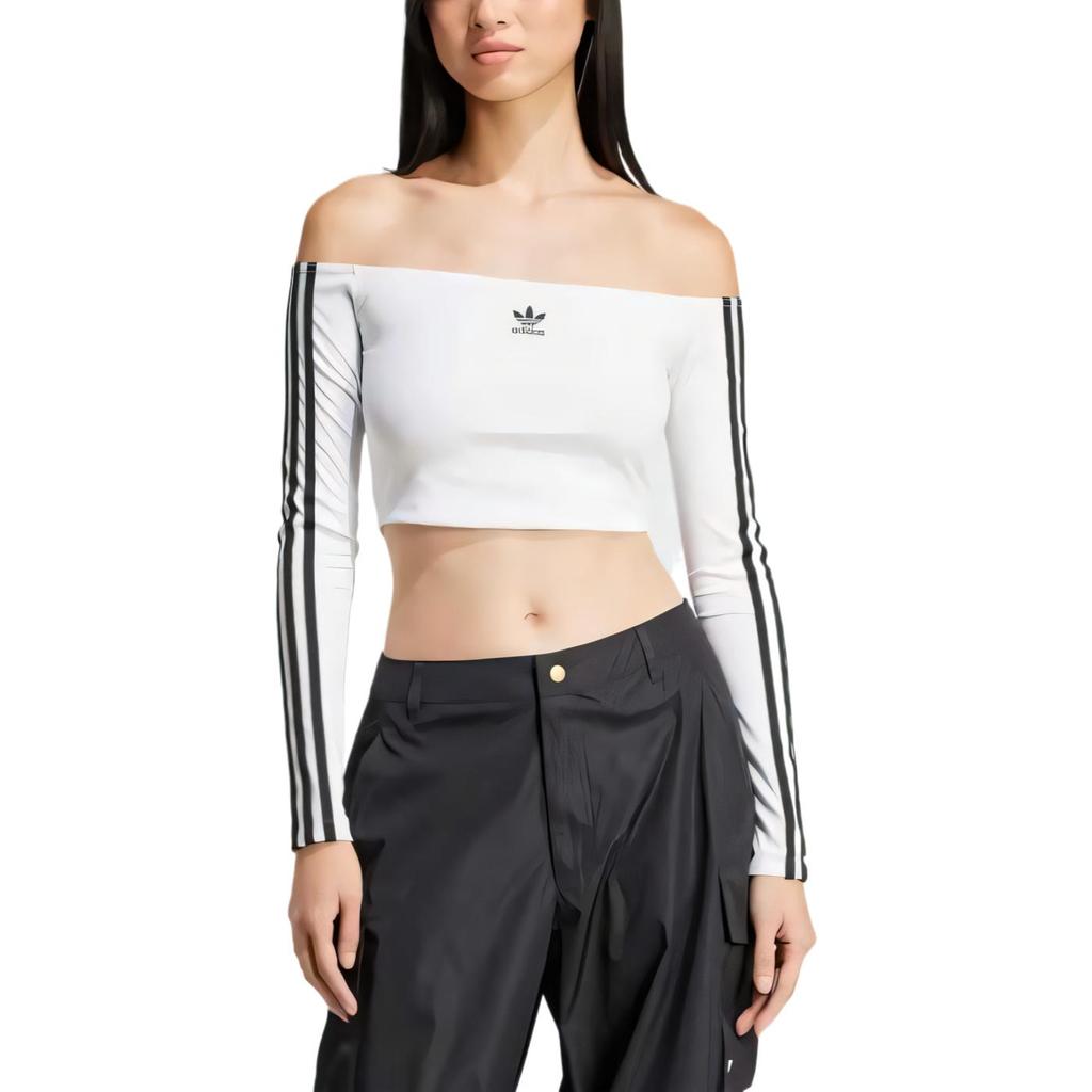 adidas Womens Adicolor Off Shoulder Long Sleeve Long-Sleeve Top White Women Streetwear JD0275