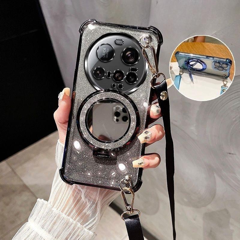 Crossbody Lanyard Shockproof Glitter Plating Magsafe Holder Case For Xiaomi 15 Ultra 14 14T 13 12 Pro Cover