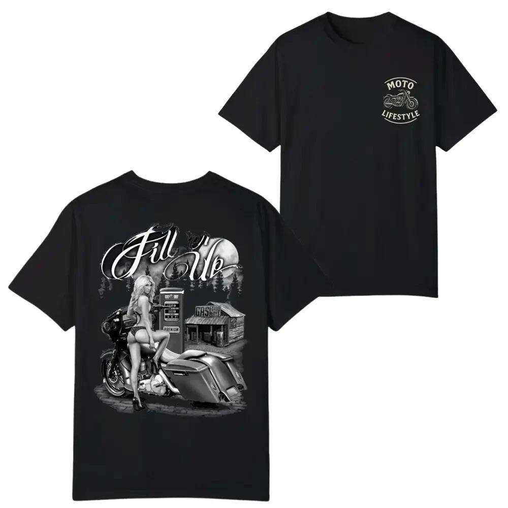 Fill  er Up Retro Motorcycle Art T-Shirt – Vintage Gas Station Design for Bikers S