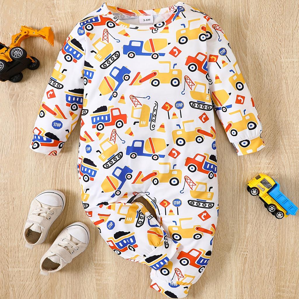 Infant Baby Boy Cute Cartoon Truck Full Print Bodysuit Comfy Long Sleeve Romper