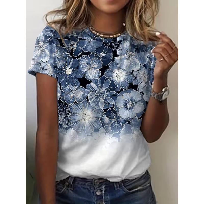 Women's Summer Round Neck Temperament T-shirt Breathable Short-sleeved Retro Floral Pattern Top Loose Casual Wear Ladies 3d T-shirt