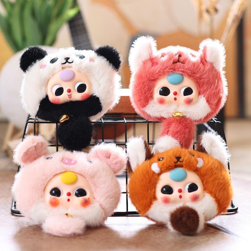 Baby Three Animal Series Keychain Kawaii PVC Plush Bag Charm Lovely Raccoon Rabbit Doll for Kids Christmas Gifts Party Favors
