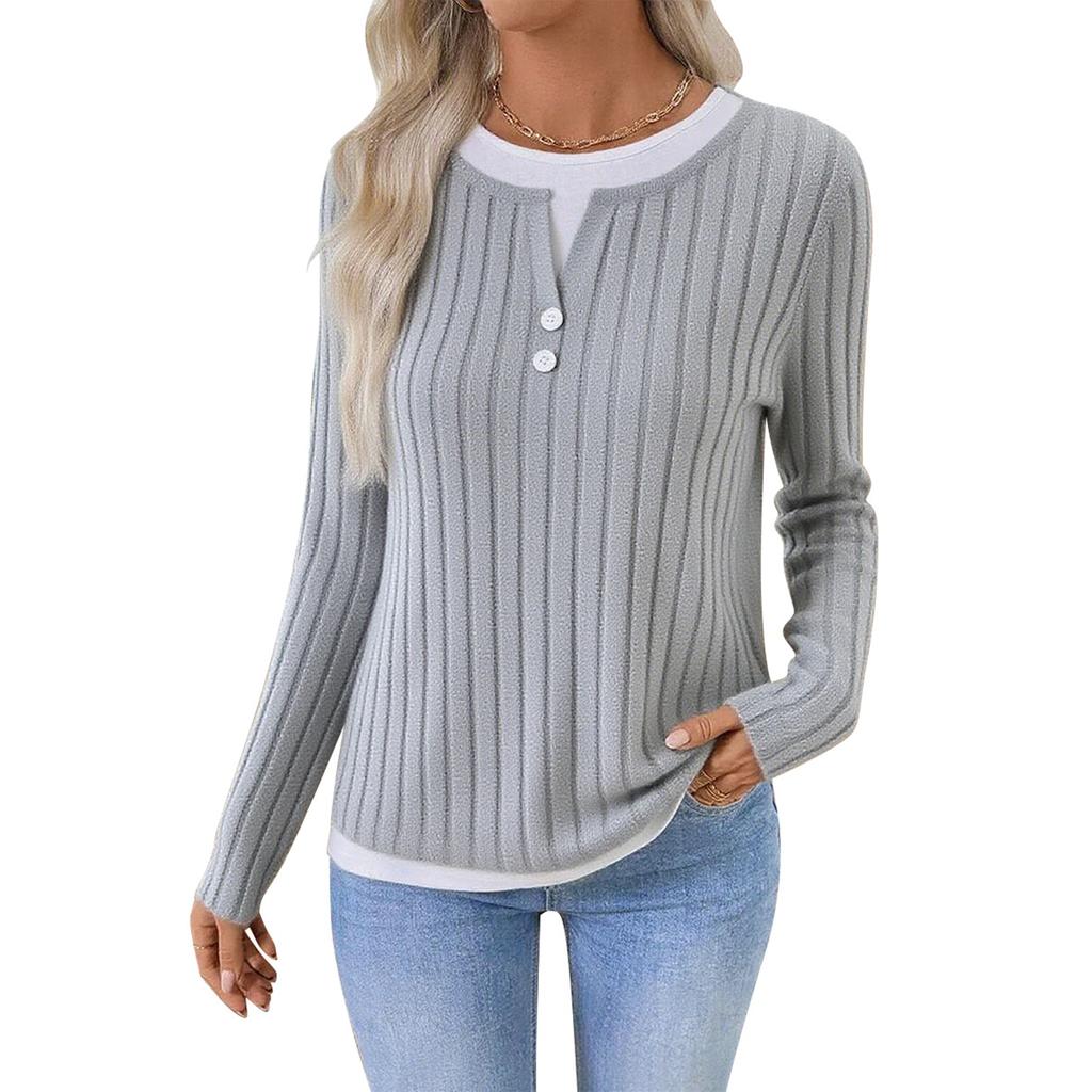 Women's Fashionable Solid Color Long Sleeved Round Neck Fake Two-piece Casual Pullover T-shirt Top