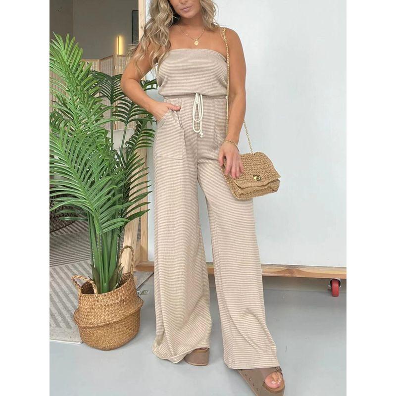 

European and American Stripe Tube Top Wide Leg Jumpsuit Versitile Fashion Trousers Khaki 2XL