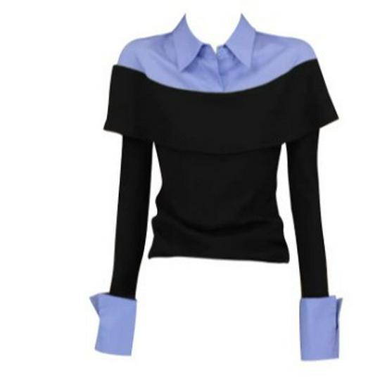

Women s Chic French-Style Color Block Polo Collar Shirt with Rolled-Up Cuffs Small