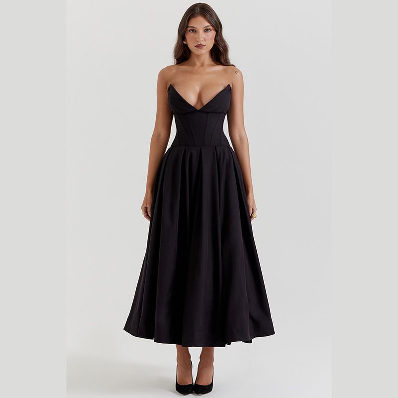 Dress Summer New Sexy Tube Top Long Dress Western Style Fashion Pointed Angle Fishbone Waist a Hem Dress Women