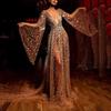 Spring and Suer, Women's New Dress, Long-sleeved Deep V Long Dress, Perspective Sprinkling Gold Dress