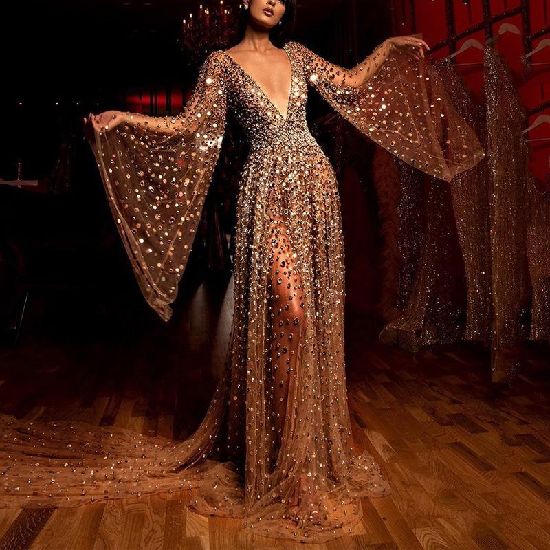 Spring and Suer, Women's New Dress, Long-sleeved Deep V Long Dress, Perspective Sprinkling Gold Dress