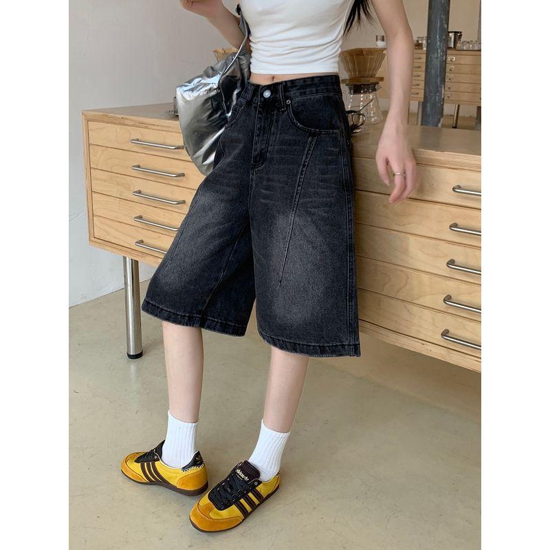 Kumikumi Distressed Retro Washed Demin shorts Women clothes Summer Idle Style High Waist Loose Wide Leg Pants Middle Pants