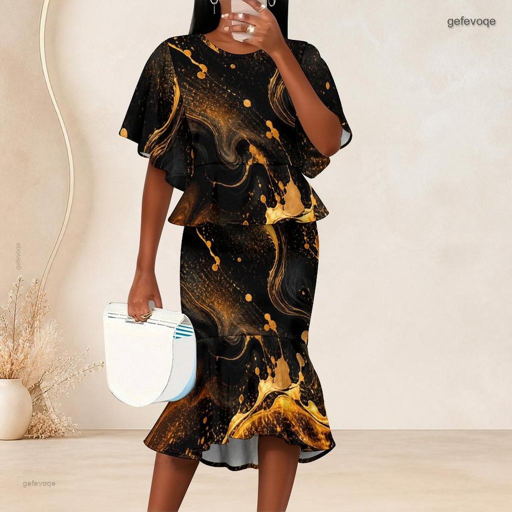 Women Plus Size Two Piece Set Round Neck Batwing Sleeve Ruffle Hem Top Black Gold Printed Fishtail Skirt