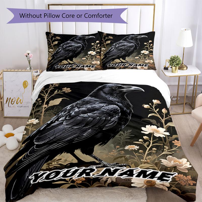 3PC Custom Name Raven Floral Garden Bedding Set Duvet Cover Closure Includes 1 Duvet Cover & 2 Pillowcases for Bedroom