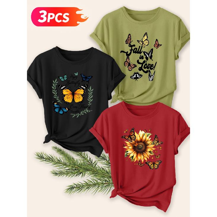 Three-piece Set Elegant Short-sleeved Shirt for Women Butterfly and Sunflower Print Round Neck Women's T Shirt Suitable for Spring