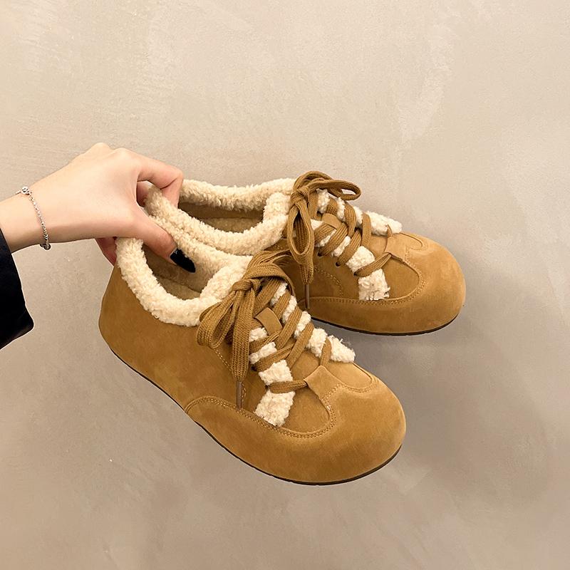 Women's Flat Cotton Boots Winter New Round Head Suede Front Lacing Soft Soles Non-slip Low-top Shoes