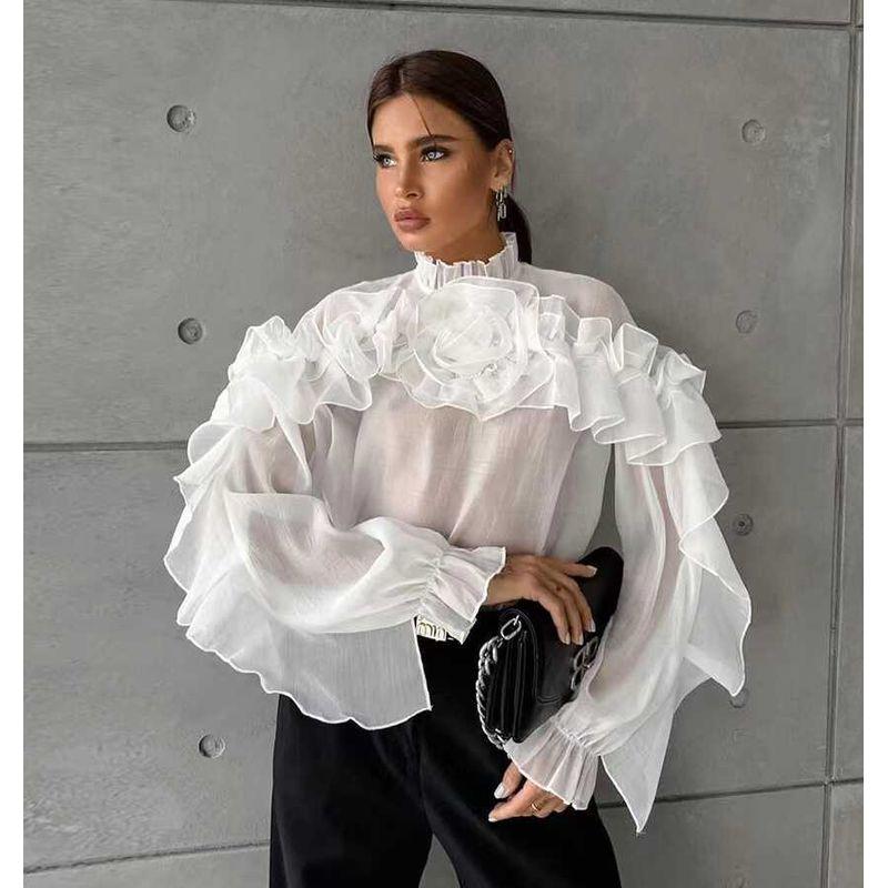 

French Style New Arrival Temperament Mesh Stand Collar Shirt Fashion Ruffles Shirt Mesh Lotus Leaf Shirt White M