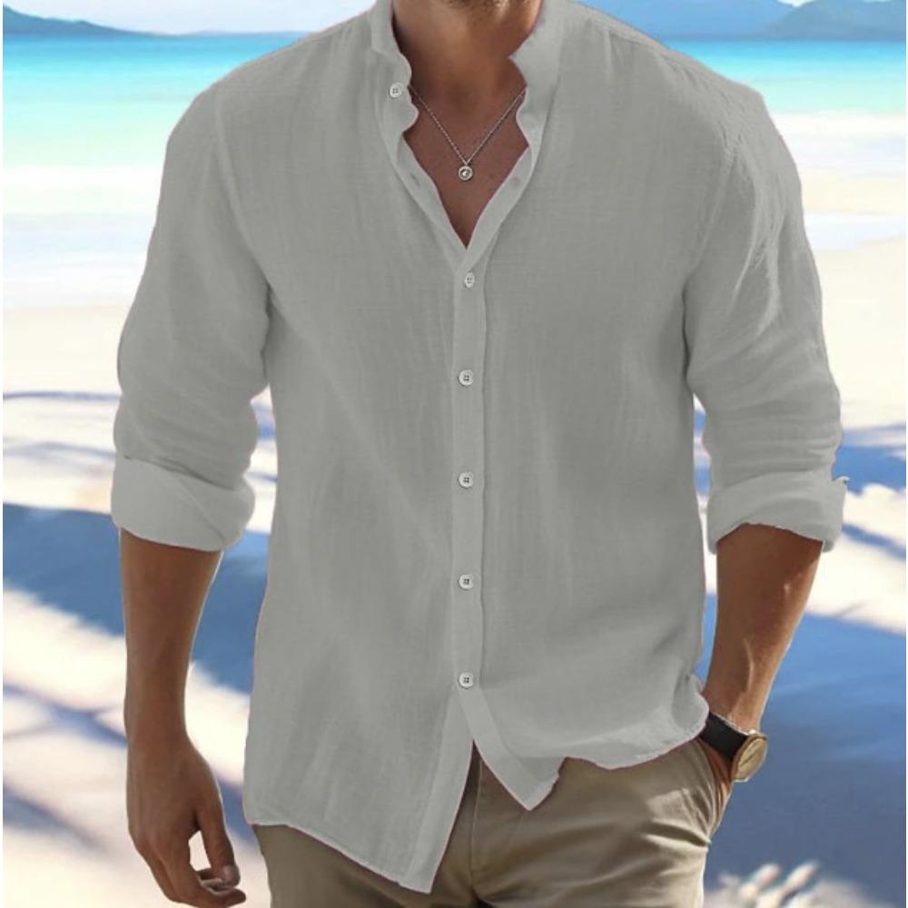 Men's Linen Button-Down Shirt Summer Beach Shirt Long-Sleeved Plain Stand Collar Spring/Summer Casual Everyday Wear