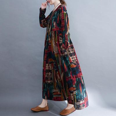 Spring and Autumn New Round Neck Long Sleeve Women's Dress Printed Loose Plate Dress