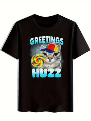 GRÜSSE HUZZ Buchstabendruck Herren T-Shirt tägliches lässiges kurzärmeliges Herren-Katzen-Emoji-Shirt Oberteil