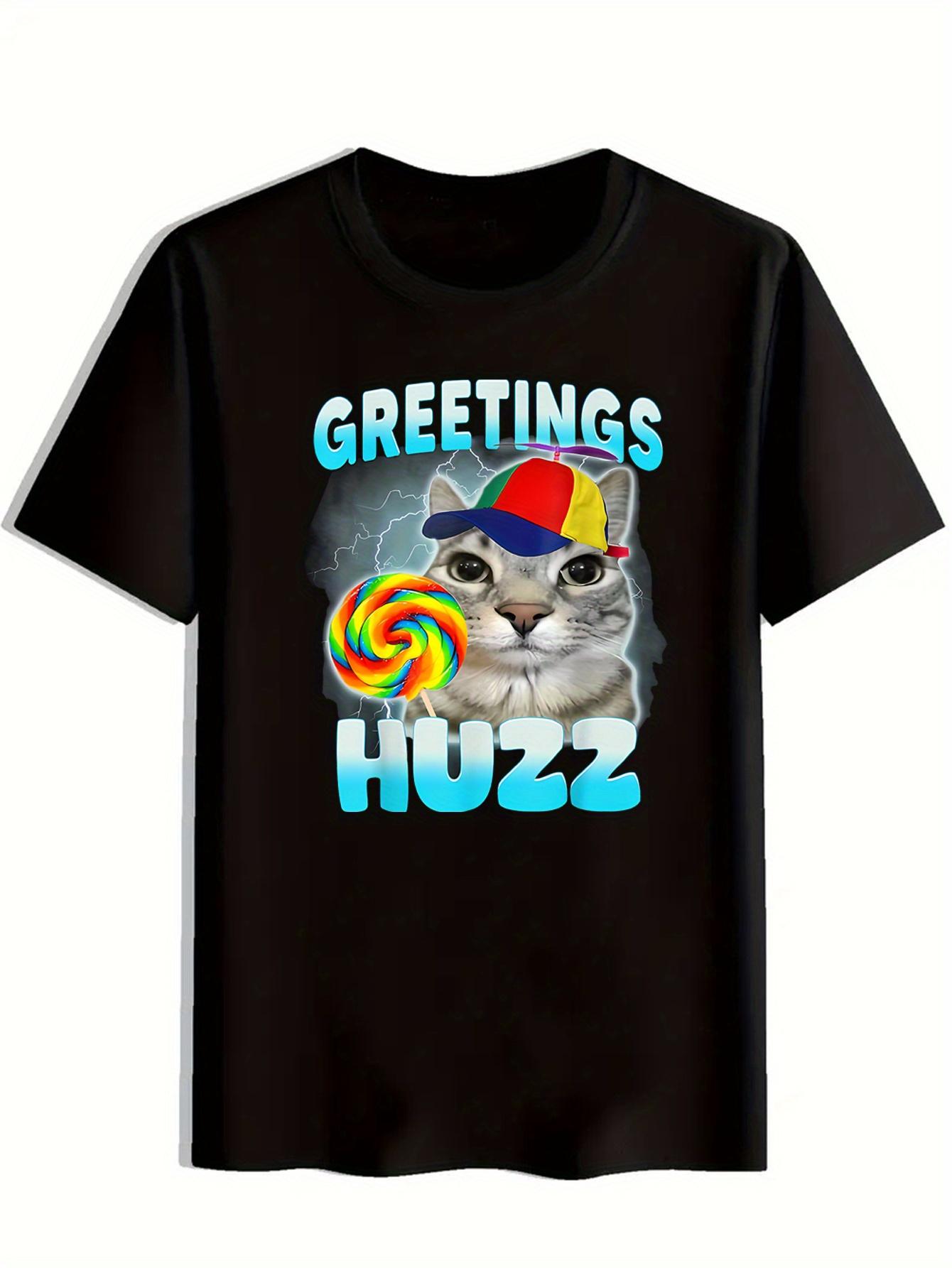 GREETINGS HUZZ letter printed men s T-shirt daily casual short sleeved men s cat emoji shirt top S