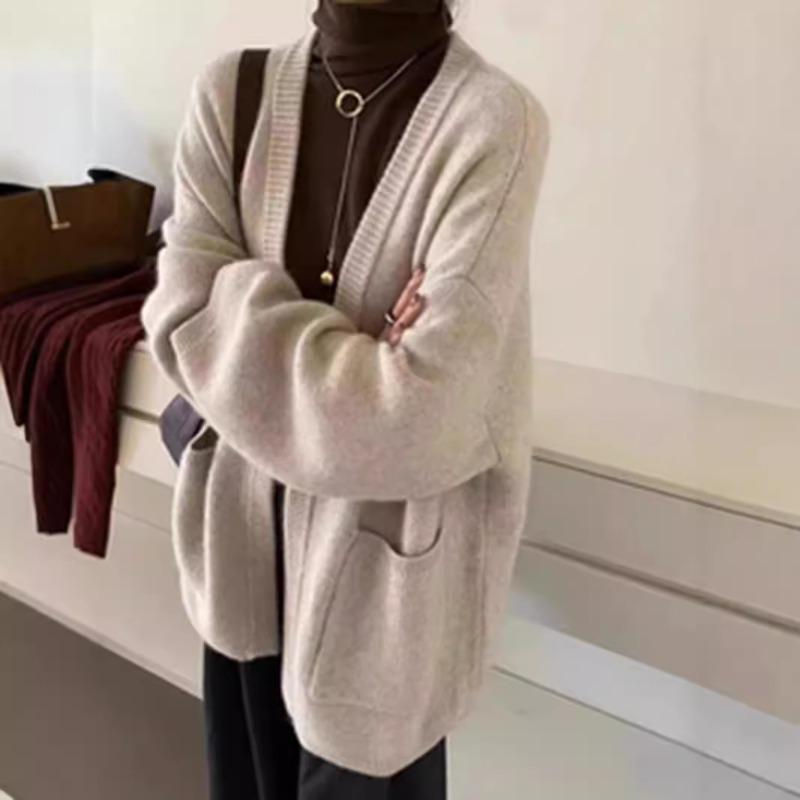 Grey Raccoon Velvet Medium and Long Sweater Jacket for Women's Autumn and Winter Loose and Lazy Style Knitted Cardigan with Outer Wear