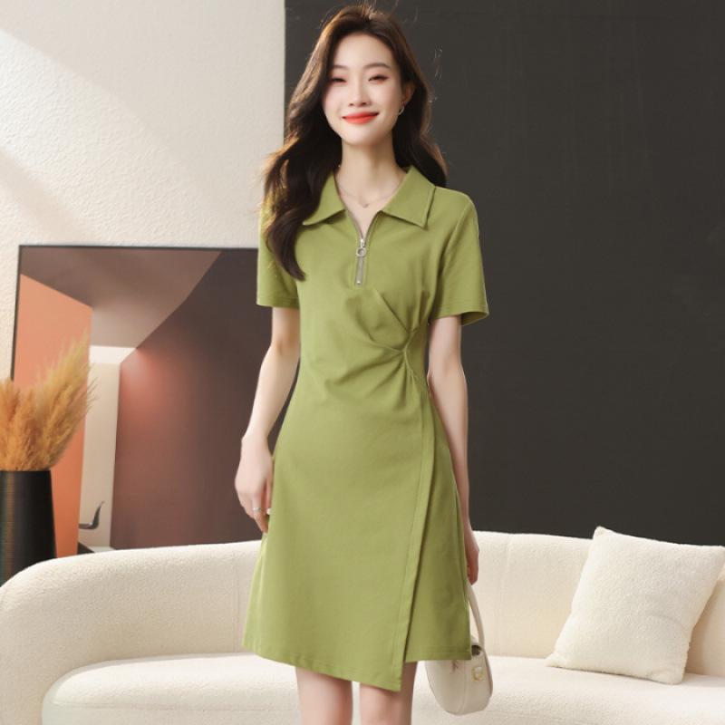 2025 Women s Summer Green A-Line Polo Dress - High-Waisted, Slimming, and Pleated Short Sleeve Design 2XL