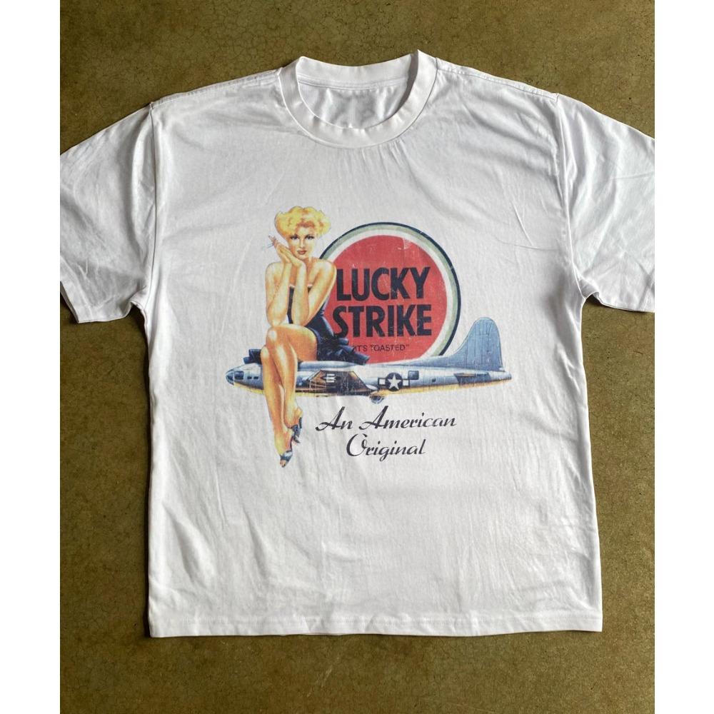 

Lucky Strike Pin-Up T-Shirt for Men Vintage Graphic Tee Retro American Pin-Up Girl Print Short Sleeve Casual Summer Top S разноцветный