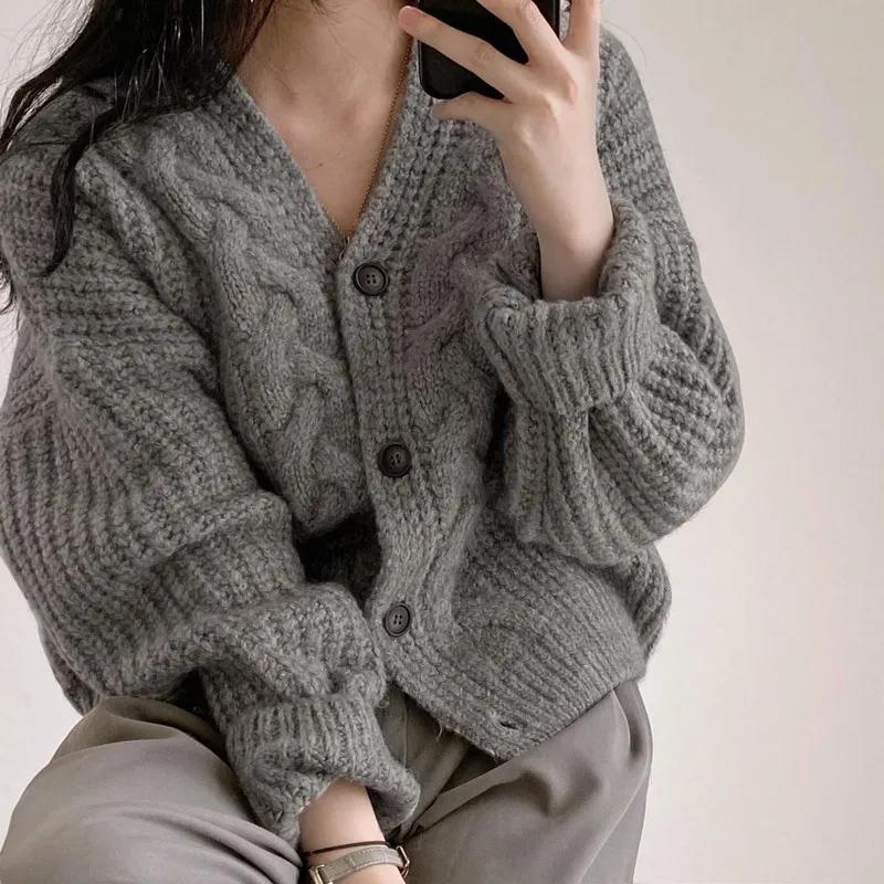Autumn Winter Warm Long Sleeve Knitted Cardigan Women V-neck Loose Sweater Autumn Elegant Solid Color Casual Knitted Top