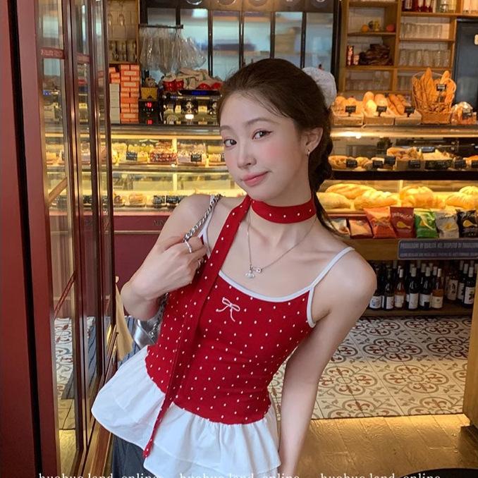 Elegant Halter Polka Dot Pleated Cami Top - Spring 2025 Waist-Hugging Style