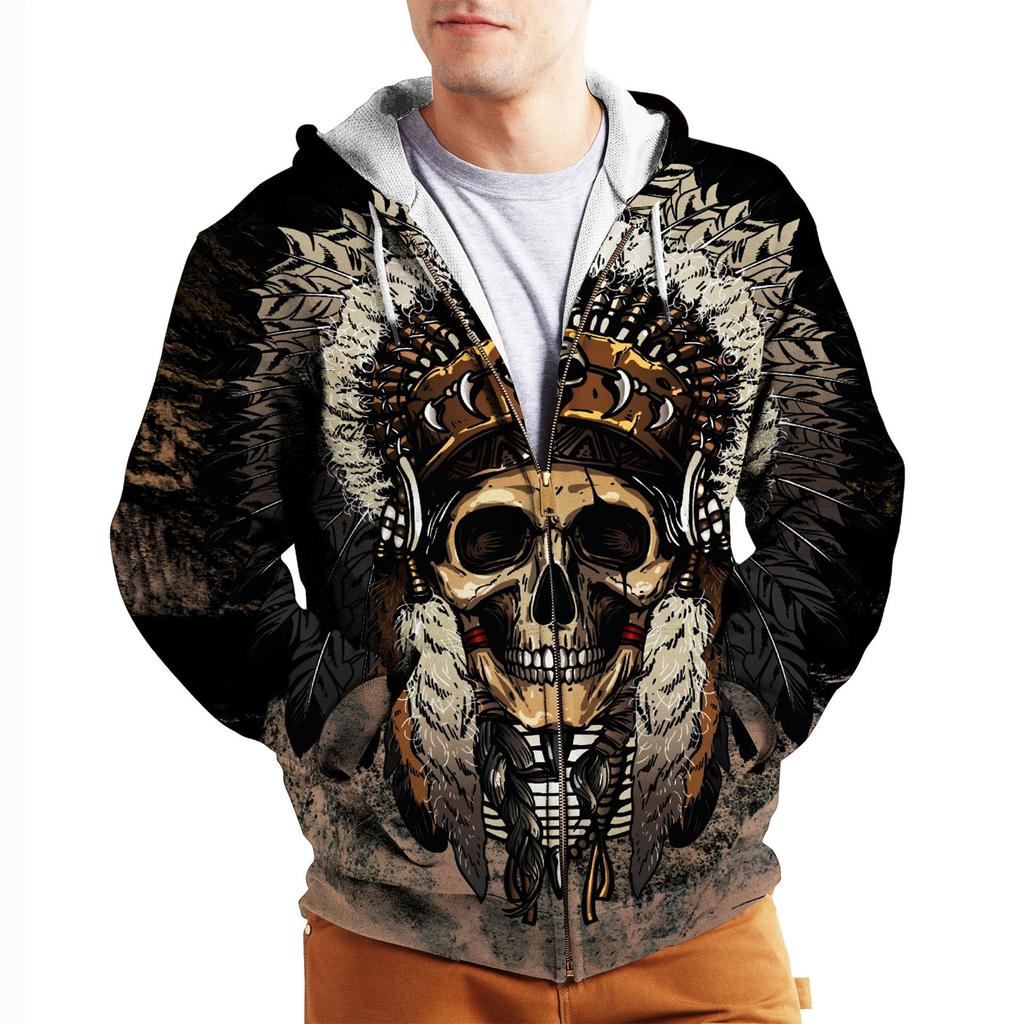 3D Printed Skull Viking Series Jacket Men's Hoodies Zipper Sweatshirt Cardigan Retro Sportswear Coat