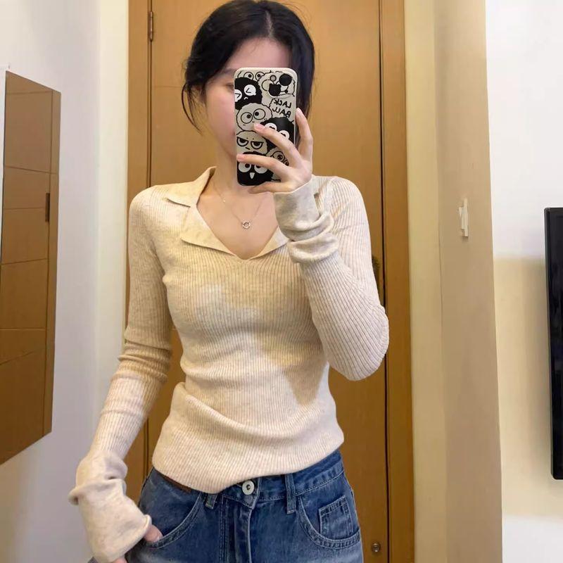 

Polo French Style Tight Waist Knitting Chic Top Shirt Apricot S(Suggested 37.50 kg-45.00 kg)