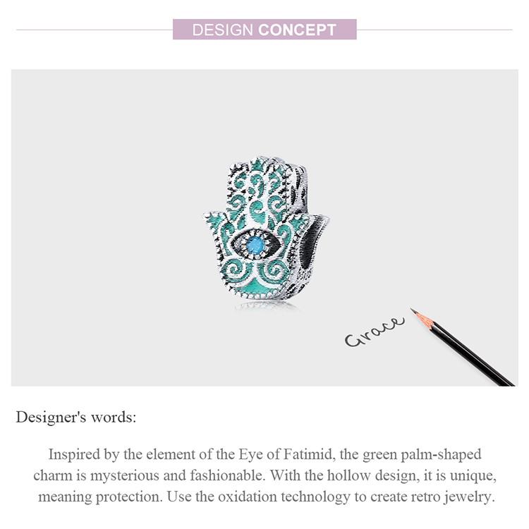 WOSTU Exquisite Mint Green Eye of Fatima Retro Pattern 925 Sterling Silver Charm Bead for DIY Jewelry Gift