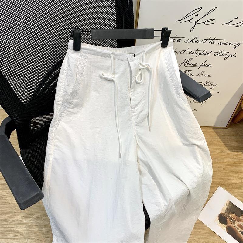 Summer New White Loose Wide Leg Pants Women Casual Straight Plus Size Pants Female Solid Elegant Drawstring Office Lady Trousers 24291