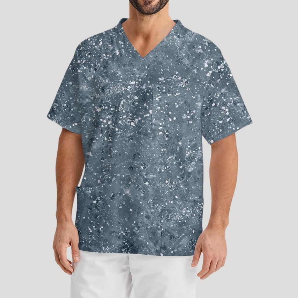 Men's Printing Short Sleeve V-neck Working Blouse Chest Pocket Carer Top