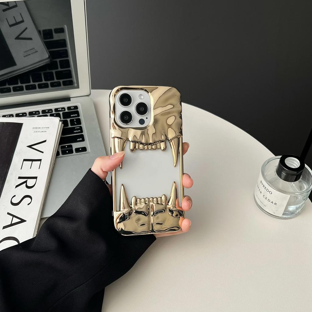 Plating Soft Rubber Frame Tiger Teeth-Shaped Phone Case For 11 12 13 14 15 16 Pro Max Plus TPU Lens Protection Shockproof Cover