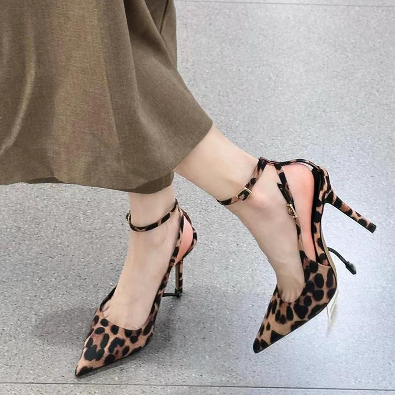 Pointed leopard print one-word buckle high heels women's summer French temperament not tired feet sexy stiletto shoes