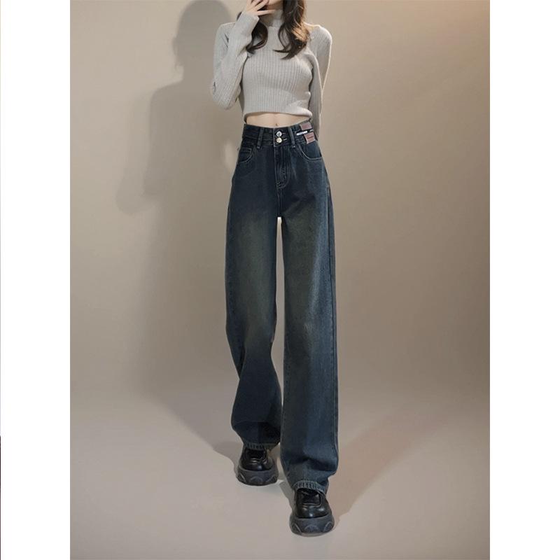 

Женские джинсы с высокой посадкой цементно-серого цвета с широкими штанинами - Весна/Лето 2025 Ретро Свободный крой 2XL