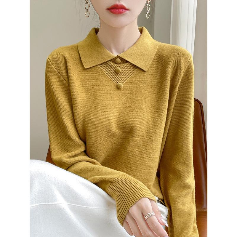 Age-reducing Lapel-neck Knitted Sweater Women's Long-sleeved Loose Early Autumn Bottoming Shirt Top Button-embellished PO Collar Inner Sweater