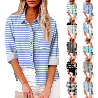 Camisa feminina solta casual de manga comprida com lapela e botões, cardigan listrado estampado com bolso