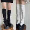 Japanese Ribbed Thigh High Leg Warmers Lace Up Bandages Over Knee Flared Leg Covers Ruffle Trim Footless Socks for Women