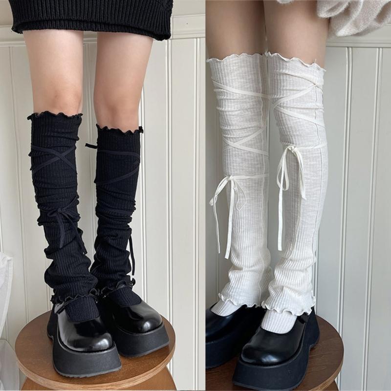 Japanese Ribbed Thigh High Leg Warmers Lace Up Bandages Over Knee Flared Leg Covers Ruffle Trim Footless Socks for Women