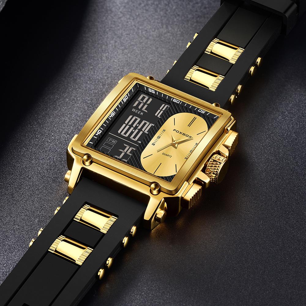 FOXBOX Top Brand Luxury Men Watch Fashion Square Watch Men Casual Sports Waterproof Double Display Watch Relogio Masculino