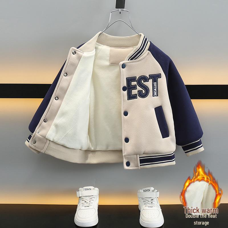 

Boys Velvet-Lined Korean Style Baseball Jacket: 2025 Winter Collection for Kids 130 cm