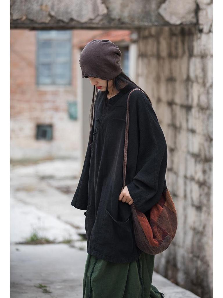 Ramie Cotton Sand-Washed Distressed Women’s Frog Button Top Jacket - Autumn/Winter Chinese Style