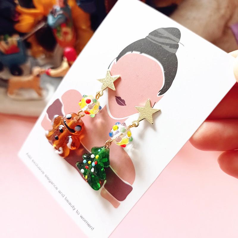 New Fashion Asymmetrical Gingerbread Man Glass Christmas Tree Stud & Dangle Earrings for Women