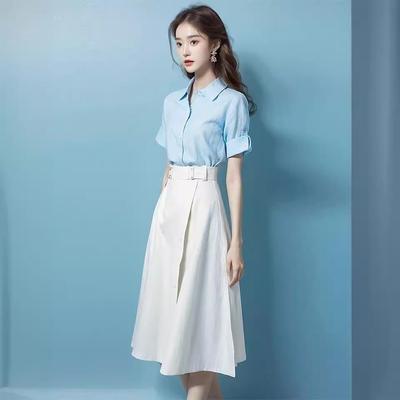 Chic Petite Women's Summer Set: White Cotton-Linen Shirt & Skirt